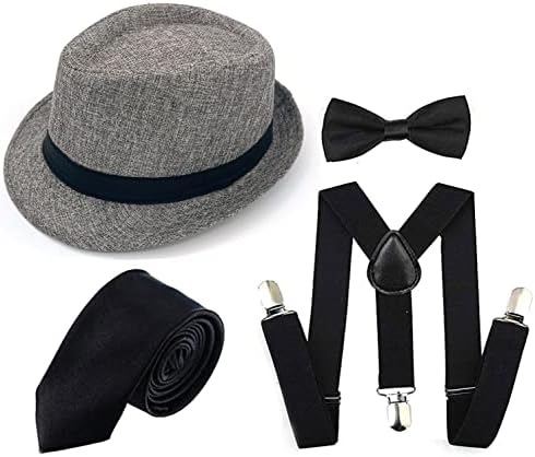Gcfiypp 1920s muški Komplet dodatne opreme Manhattan šešir, y-back tregeri, unaprijed vezana leptir mašna, Gangsterska