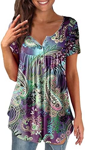 Plus veličine za žene Ljeto dugme gore Henley košulje Tunic kratki rukav paisley ispis bluze za gamaše