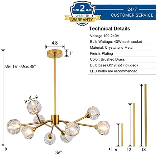 Weesalife Sputnik lusteri za rasvjetno tijelo za blagovaonicu, moderni kristalni lusteri, 9 svjetla Zlatni