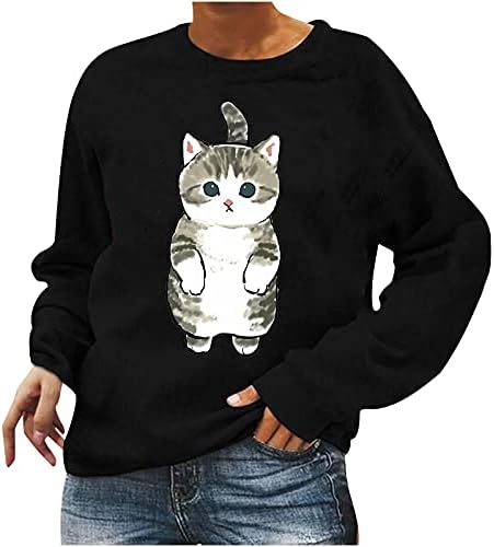 Modne žene Fall Tunic Tops ugrađene majice Osnovna tee casual crew vrat slatka životinjska mačja tiskar