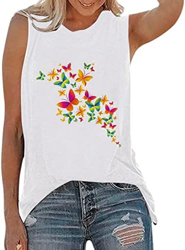 Ženski vrhovi, leptir cvjetni tisak T-majice okrugli vrat bez rukava na rukavima tinejdžer casual slatki smiješni grafički tinejdžeri