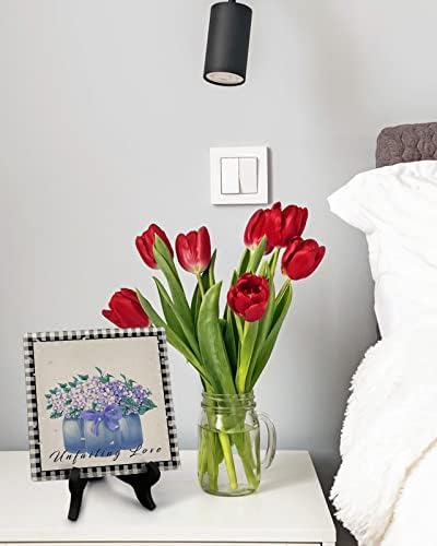 Purple Spring Florals keramička ploča Tabela dekoracije znak, staklena vaza crno-bijeli karirani stol dekor znak - Memorijalni pokloni za zabavu kućne kancelarije