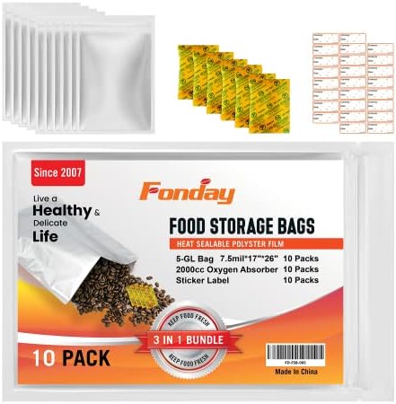 10x Fonday 15mil Mylar Bags paket zapremine 5 galona za skladištenje hrane sa 10kom 2000cc apsorberi kiseonika za hranu + etiketa, zaptivna toplota ,kvalitet hrane & amp; pouzdano-srebro
