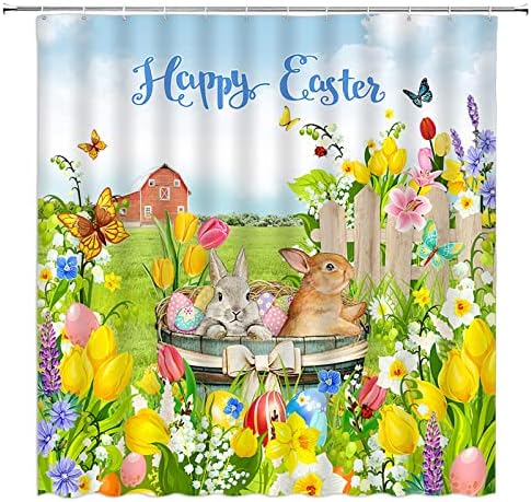 Abonan Happy Uskršnji tuš sa zavjesama Easter Bunny Jaja Tulip Cvijeće Butterfly Proljeće za odmor