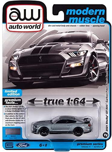 2021 Shelby GT500 paket staza od karbonskih vlakana Iconic Silver Met. W / crne pruge moderni mišić 1/64 Diecast Model automobila Auto World 64382-AWSP114B