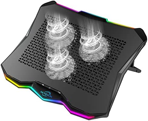 Aicheson RGB laptop rashladni jastuk, 3 ventilatori hladnjaka za 14-17.3 inčni PC bilježnice, 2 USB priključka,