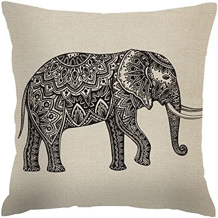 Cvjetni slonovi nakloni 18 x 18 inčni Cvjetni umjetnički slon etnički plemenski slon crno-bijeli posteljinski