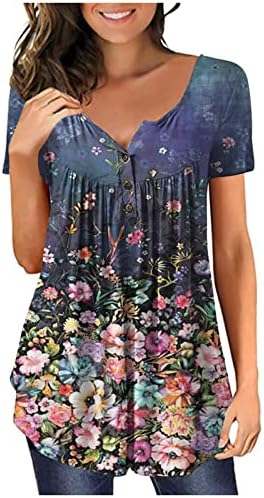 Ticcoy Summer tunika Tops for Women Fashion Printed Ruched T Shirt v dugme za vrat kratke rukave bluze Dressy Shirts