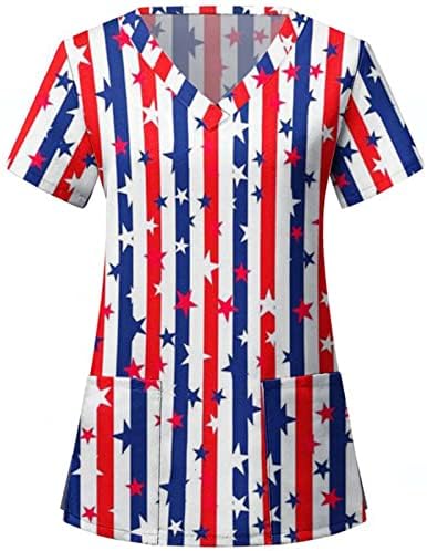 4. jula majice za žene američka zastava ljetna kratka rukava V-izrez majica sa 2 džepa bluza Top Holiday Casual radna odjeća