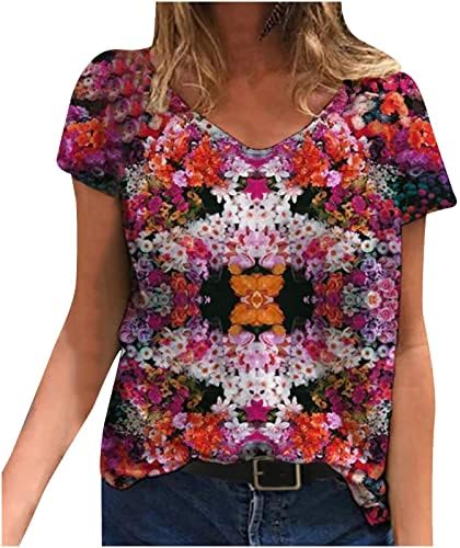 Summer Fall bluza Thirt za žensku odjeću kratkih rukava modni pamučni v izrez grafički labavi fit