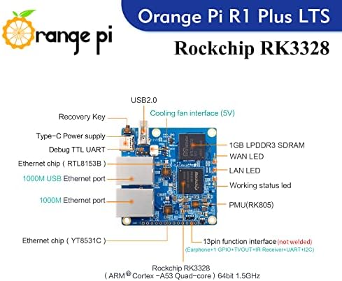 Orange PI R1 Plus LTS 1GB RAM Rockchip RK3328 Quad Core 64 bit Open Source Single Patch Computer, Mini PC MicroController