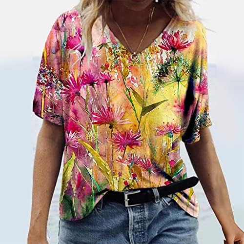 Casual majica za žene po cijelom šarenom cvjetnom printu košulje V izrez kratki rukavi vrhovi labave ljetne