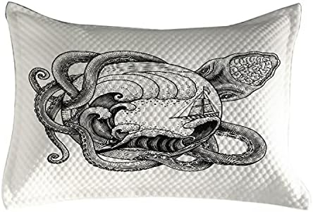 Ambesonne Vintage nautička tetovaža quild jastuk, jednobojna skica od hobotnice pipke za ocean valovi, standardni