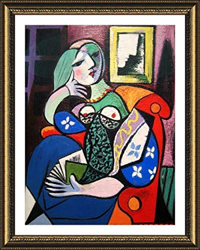 Alonline Art - Žena sa knjigom Pablo Picasso | Zlatna uokvirena slika tiskana na pamučnom platnu, pričvršćenu na ploču od pjene | Spremni za objesiti okvir | 17 x21 | Zidna umjetnost Kućni dekor za kuhinjske boje