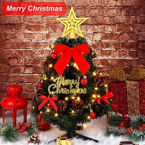 McEast Mini Green Božićno stablo set od 24 inča umjetni stolni ukrasi Xmas drvene suknje, crvenim lukovima, privjesci, abecedni niz, ukrasi i baza za kućni odmor Božićni dekor, DIY
