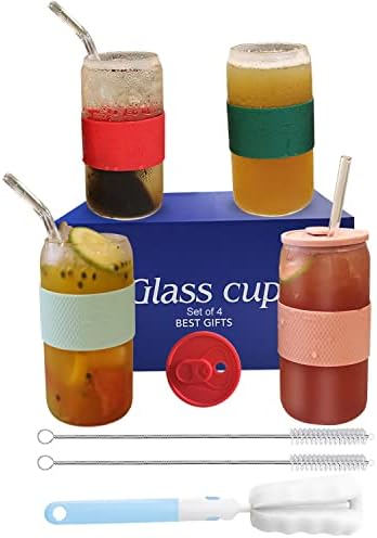 čaše za piće catapamey, staklene šolje-4 Set-16 Oz - staklo za limenke piva sa poklopcima i slamkom-sa šarenim silikonskim rukavima za pivo, čaše za ledenu kafu, Top-Rack za pranje u mašini za suđe-Essentials Essentials