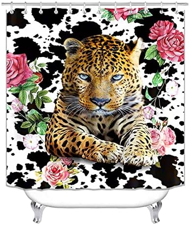 Camille & Andrew 4pcs Slatko leopard tuš za tuširanje, ružičasta ruža Bože cvjetni biljci gepard krava otisak afričke divlje životinje safari životinjski kupatilo dekor, vodootporna prostirka za tuširanje