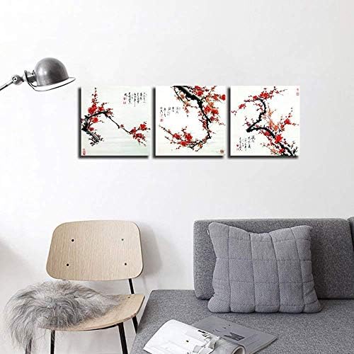 NAN Vjetar male veličine tradicionalno kinesko slikarstvo cvijeta šljive platno štampa 3 ploče Drvo uokvireno Crvena cvijet šljive zid Umjetnost cvijet šljive cvijeće Print slika 30x30cm svaki Panel