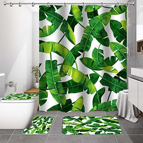Calarvuk 4pc Tropički setovi uzorak, ljetni kupatilo dekor s bananom LeavesshowerShower zavjesa