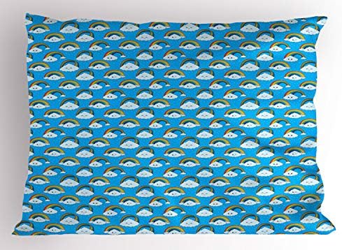 Ambesonne djetinjasto jastuk, nebo Pogledaj sretan oblaci i duge uzorak u crtanom stilu na morskoj pozadini, ukrasna jastučnica za tiskanu veličinu, 26 x 20, višebojna