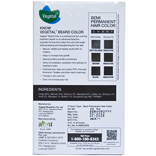 Vegetal Safe boja-meka Crna 25gm Certificirana organska hemikalija i Bio prirodna boja kose bez alergija s formulom bez amonijaka za muškarce