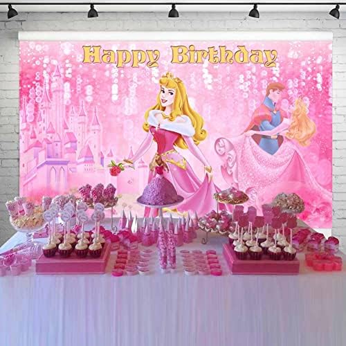 Princeza Aurora i Princ pozadina Sleeping Beauty Rođendanska zabava pozadina Glitter Pink Castle Banner za torte Tabela rasadnik dekoracije 5x3 ft 99