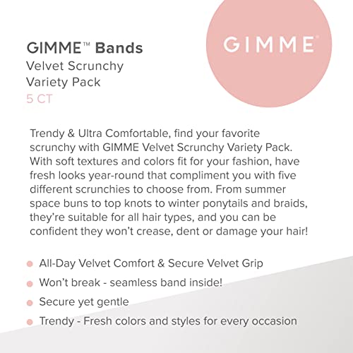 Gimme Beauty - Velvet Scrunchies Variety Pack-nježni cjelodnevni dodatak za oblikovanje kose-bez klizanja, zaglavljivanja ili gužvanja - 5 paketa baršunastih Scrunchies
