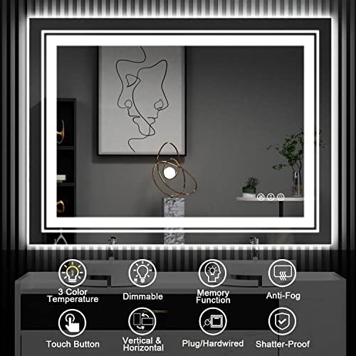 Snowdool LED ogledalo za kupatilo sa svetlima, 36 x 36 inča prednje i pozadinsko ogledalo kupatilo, toaletno ogledalo osvetljeno protiv magle, bez stepena zatamnjivanja, 3 boje, funkcija memorije, horizontalno/vertikalno LED ogledalo