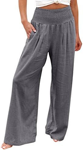 Ženske pamučne posteljine široke pantalone za noge čiste boje elastične ruširane hlače sa visokim strukom sa džepovima labave fit palazzo pantalone