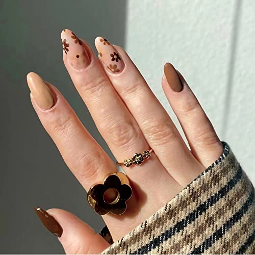 24kom bademova presa na noktima kratki puni poklopac lažni nokti lažni nokti sa dizajnom cvijeća Brown Daisy Nail Art Savjeti slatka akrilna presa na noktima za žene svakodnevno nošenje prstiju u uredu