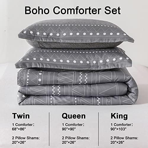 Boho Komforter set kraljice, siva prugasta boemska posteljina sa 2 jastuk-jastuci, 3 kom komproksimni set za sve sezone kraljice 90 x90