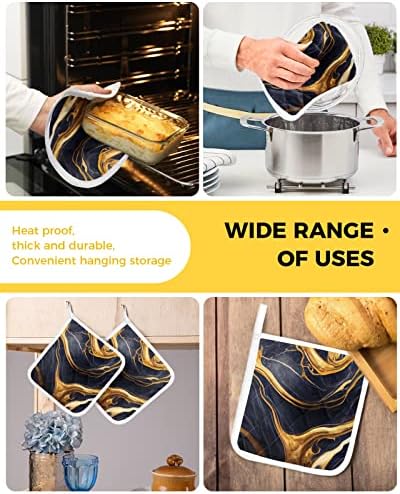 Tamno plavi žuto mramorni nosači 2 pakovanja, vrući jastučići za kuhinju sa visećim petljom, moderna slika slikanje apstraktne umjetnosti držač za umetnik pećnica vruće jastučiće za pranje za pranje za kuhanje pečenje 8.25 x8.25