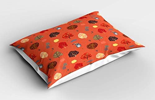 Ambesonne djetinjasto jastuk, medvjed holding kišobran u kišno jesen šumski pad drveća doodle, ukrasna jastučnica za tiskanu veličinu, 26 x 20, spaljena sienna i višebojna