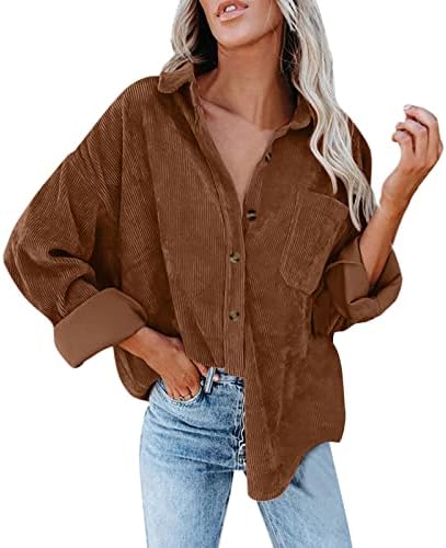 Grge Beuu Womens Corduroy gumb dolje majice Prevelike bluze s dugim rukavima Poslovna casual čvrsta jakna s džepovima