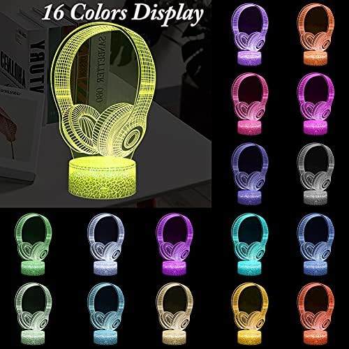 Miisong 3d slušalice noćno svjetlo, LED optička Iluzijska lampa USB napajana 16 boja svjetla za uređenje raspoloženja s daljinskim upravljačem Najbolji poklon za ljubitelje muzike Tinejdžeri