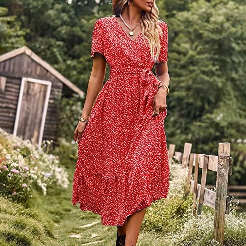 Ženska ljetna haljina casual ditsy cvjetni boho maxi haljine s kratkim rukavima V priključak na plaži Flowy duga haljina s kaišem