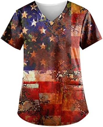 4th of July Shirts for Women američka zastava ljetni kratki rukavi V izrez Tees sa 2 džepovima Funny Holiday