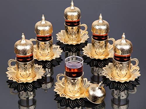 Lamodahome tursko arapski čaj čaja 6 sa tanjurima, poklopcima i držačima - Fancy Vintage Gold Handmade set, poklon, teatime
