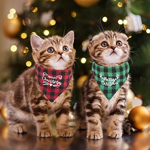 ADOGGYGO Božićne kragne za mačke Otcijepljene sa zvonom, 2 pakovanja Podesiva kragna za mačke bandane sa srećnim božićnim uzorkom, crveno zelene karirane Božićne kragne za mačke mačiće