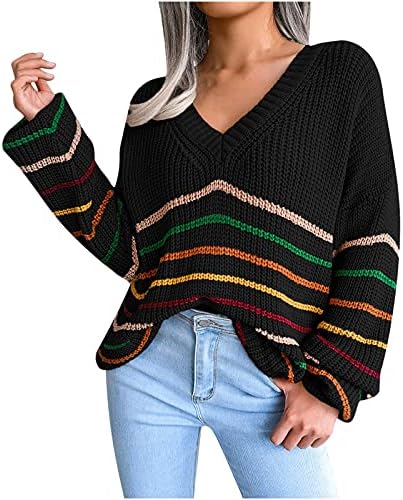 V-izrez pulover za žene, labavi džemper s dugim rukavima patchwork topls džemper bluza