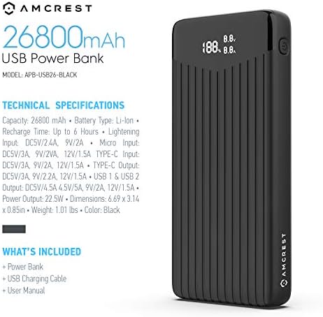 Amcrest USB C Power Bank, 26800mah prijenosni punjač USB C, Power Bank brzo punjenje 22W PD 3.0, baterija