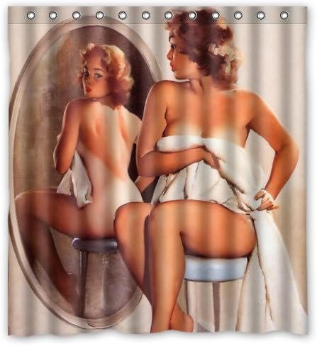 Seksi kupatila Art Curkica za tuširanje Prilična gola djevojka ispred ogledala - Vintage Retro priključak Djevojke Body Art Radne platneni Slikarski stil Vodootporna poliesterska tkanina 66x72 Prstenovi uključeni