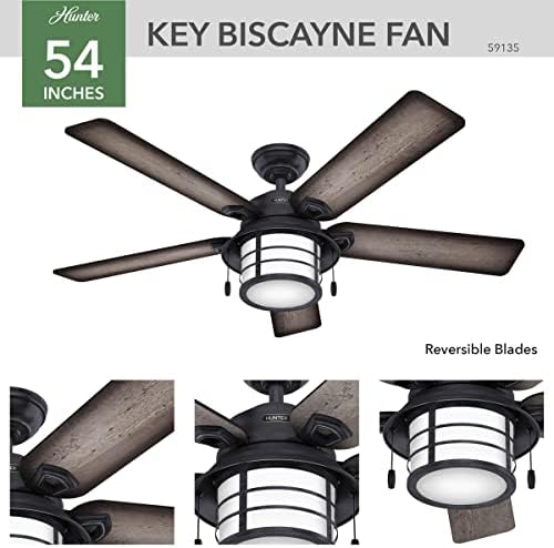 Hunter Fan Key Biscayne Unutarnji / Vanjski Stropni ventilator sa 2 LED svjetla i kontrolom lanca za povlačenje, cink završna obrada, 54 inča
