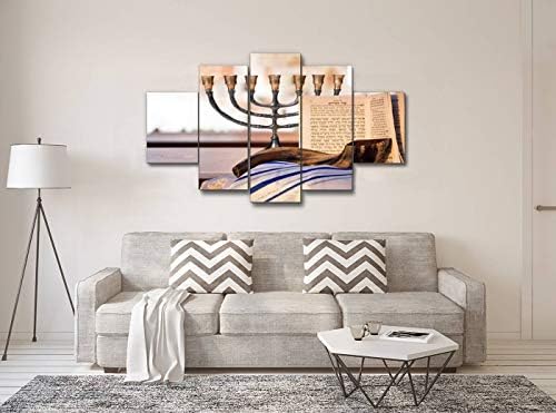 Noć u američkom platnu umjetnički zid Jevrejski menorah shofar molitvenik i talit nacionalni dan Slika Vintage Prints Home Decor umjetnička djela poklon spreman za okačiti za ured dekor 5 panela velike veličine
