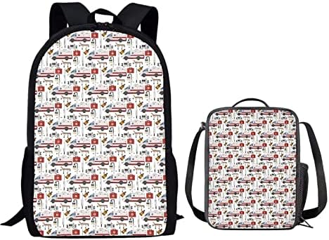 HUGS IDEA Ambulance Print dečiji školski ruksak sa malom izolovanom torbicom za ručak komplet 2 komada lagani
