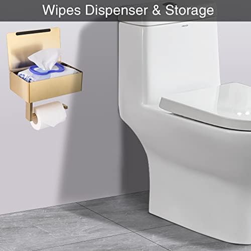 Yrong ljepilo toaletni papir sa policom i spremištem, Wall WC Papir Držač za papir i ispiranje Wipes Dispenser Set odgovara bilo kojoj kupaonici, držač tkiva od nehrđajućeg čelika, zlato, zlato