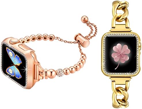 Dilando Bling Rose Gold Metal Bead Bead za Apple Watch 40 mm i zlatni lančani pojas Kompatibilan je sa IWATch opsegom 40mm