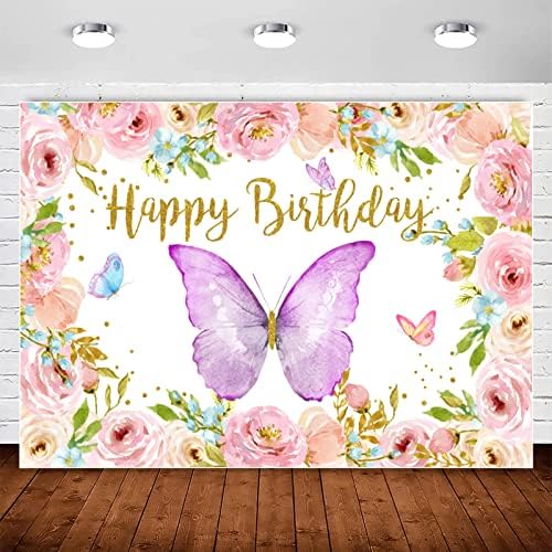 InMemory ljubičasta leptir Rođendanska pozadina ružičasto cvjetno zlato fotografija za Sretan