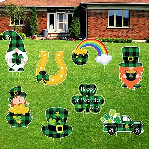 St. Patricks Day Yard znakovi, 8 kom zeleni Buffalo Plaid Yard dekoracije Irski Leprechaun potkovice
