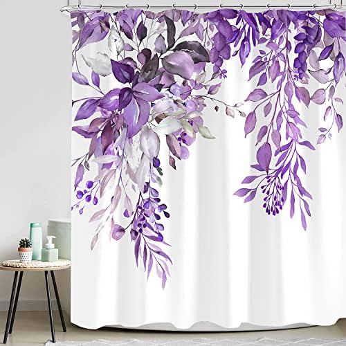 Zrofull ljubičasta eukaliptus zavjesa za tuširanje, akvarel postrojenje sa cvjetnim kupatilom, vodootporna tkanina bijela pozadina za zavjese od nehrđajućeg čelika 72x72 inča
